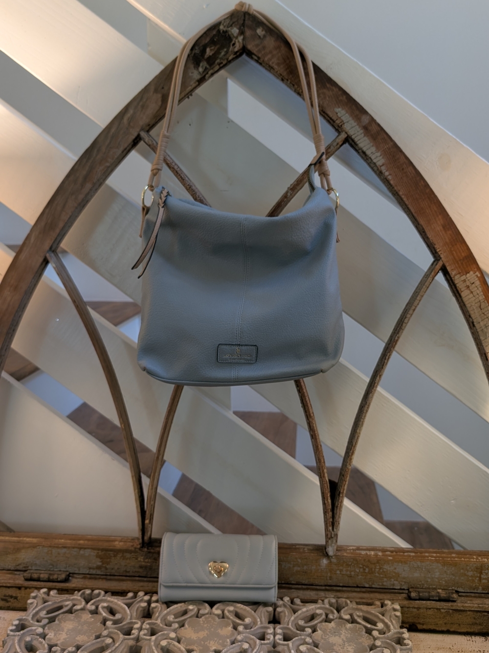 London Fog Leather Shoulder Bag and Wallet in Dusty Blue with Tan Straps.